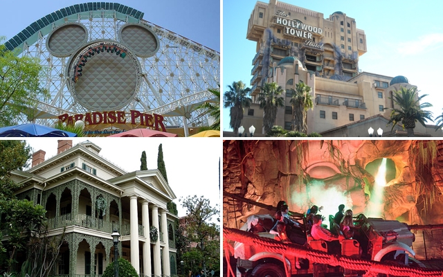 (Above clockwise: California Screamin’, The Twilight Zone Tower Of Terror, Indiana Jones Adventure and Haunted Mansion)