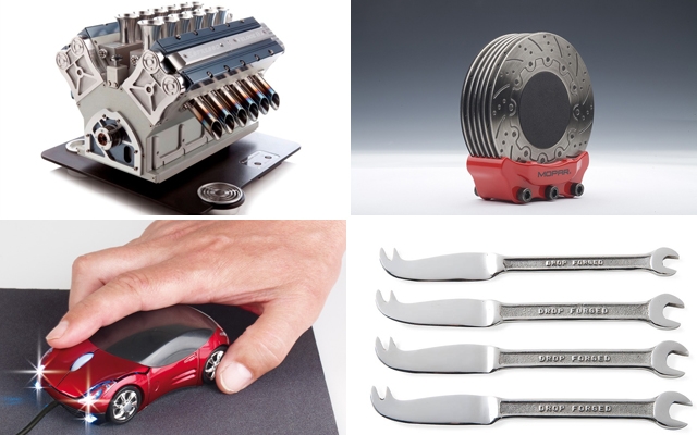 Why not give one of these cool car-related gifts: Espresso Veloce coffee maker, Disc-brake coasters, Car mouse or Cutlery wrench set