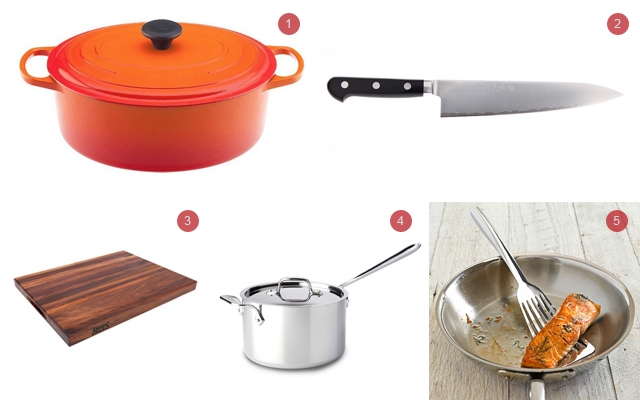 Above: 1. French oven from Le Creuset  2.  R2 Pro Chef’s Knife from Takamura  3. Walnut Cutting Board from Boos Block  4. 4-quart saucepan from All Clad  5. Flexible Fish Spatula from William Sonoma