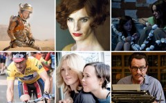 Above top row (L-R): Matt Damon in 'The Martian' / Eddie Redmayne in 'The Danish Girl' / Jacob Tremblay and Brie Larson in 'Room' / Above bottom row (L-R): Ben Foster in 'The Program' / Julianne Moore and Ellen Page in 'Freeheld' / Bryan Cranston in 'Trumbo'