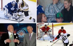 Above clockwise: Toronto Maple Leafs goalie James Reimer and Boston Bruins forward Brad Marchand in Toronto / April Reimer and Elisha Cuthbert / Don Cherry and Ron MacLean during Hockey Night in Canada / The Penguins' Sidney Crosby takes a shot at the Ottawa net
