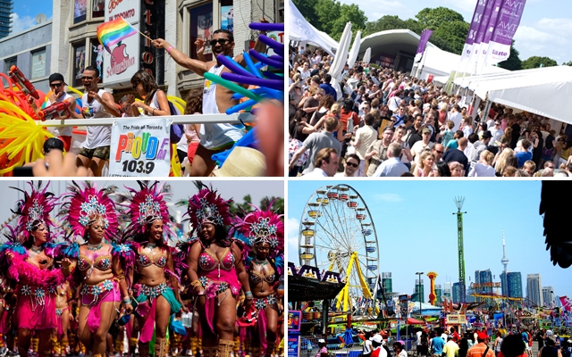 Above (clockwise): Toronto Pride, Taste Of Toronto, the Canadian National Exhibition and the Scotiabank Caribbean Carnival