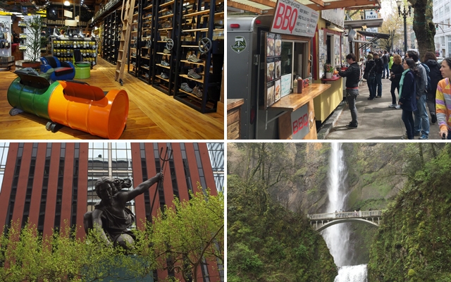 Above (clockwise): The Keen Garage, Food cart block, Columbia River Gorge, and the Portlandia sculpture