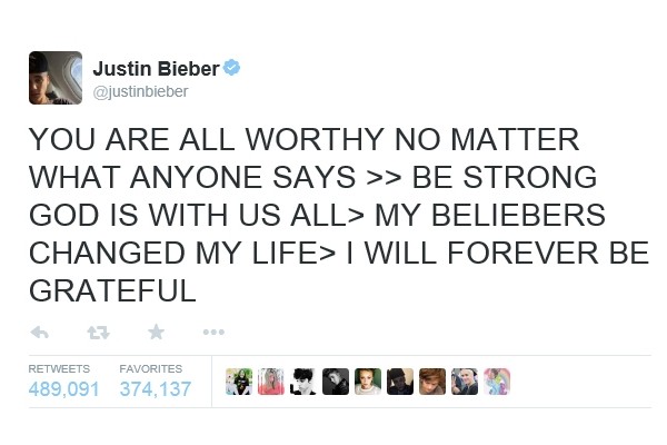 Above: The Canadian Golden Tweet of 2014 was a Tweet from the most-followed Canadian, Justin Bieber (@JustinBieber), showing gratitude to his #Beliebers shortly after a DUI arrest