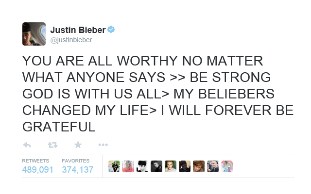 Above: The Canadian Golden Tweet of 2014 was a Tweet from the most-followed Canadian, Justin Bieber (@JustinBieber), showing gratitude to his #Beliebers shortly after a DUI arrest