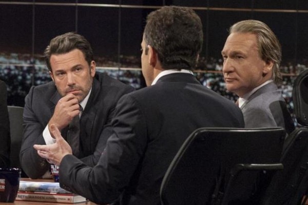 Above: Ben Affleck and Bill Maher look on as Sam Harris speaks during 'Real Time With Bill Maher'