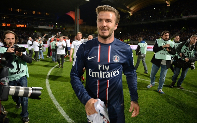 David Beckham is seen celebrating after PSG's win on Sunday. (Philippe Desmazes/AFP/Getty Images)