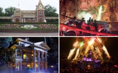 Above: Disneyland L-R: The Disneyland entrance, Indiana Jones Adventure, Haunted Mansion and Disney's Spectacular Fireworks above Sleeping Beauty Castle