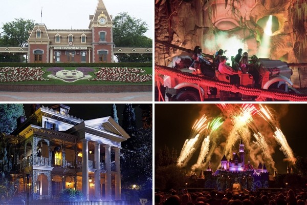Above: Disneyland L-R: The Disneyland entrance, Indiana Jones Adventure, Haunted Mansion and Disney's Spectacular Fireworks above Sleeping Beauty Castle