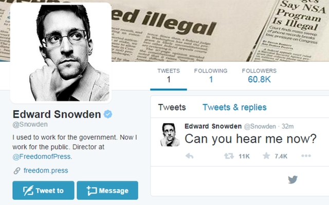 Above: Fugitive US intelligence contractor Edward Snowden has opened up a Twitter account
