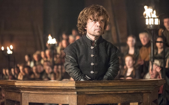 Above: Tyrion Lannister (Peter Dinklage) on trial for the murder of King Joffrey