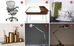 Above: 1) Aeron Chair PostureFit by Herman Miller, (Design Within Reach $899) / 2) Airia Desk by Herman Miller (Herman Miller Shop, $2199) / 3) Lucite Desk Accessories (CB2 $10-$35) / 4) Bronze Desk Organizer ( Anthropologie $48) / 5) Tolemo Classic LED Table Lamp by Artemide (Y Lighting $635 ) / 6) Atelier Task Table Lamp (Restoration Hardware, $349)