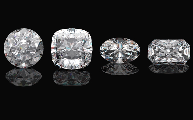 Diamond shapes 101: Above: Round Cut, Princess Cut, Oval Cut and Emerald Cut diamonds (Photos: Modella/Shutterstock)