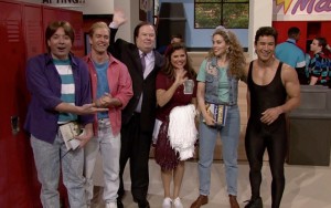Above: Jimmy Fallon, Mark-Paul Gosselaar, Dennis Haskins, Tiffani Thiessen, Elizabeth Berkley, and Mario Lopez in a "Saved By The Bell" reunion