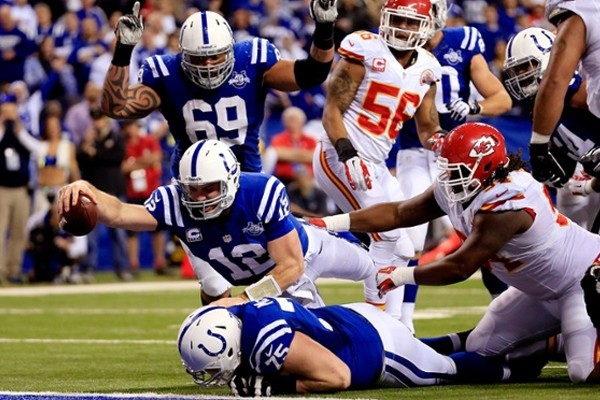 Andrew Luck's recovery of the Indianapolis Colts' own fumble for a touchdown was one of the key moments in their 45-44 comeback win over the Kansas City Chiefs, the second biggest comeback in NFL Playoff history