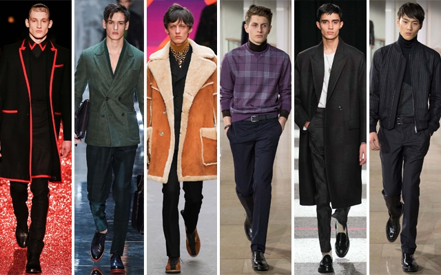 Above: Fall 2015 men's trends include: bold reds, greens, shearling, turtlenecks, knee-length wool jackets, and pinstripes