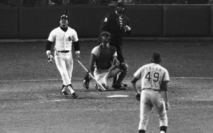 Above: Reggie Jackson watches the flight of his third home run – on three pitches – against the Dodgers in Game 6 of the 1977 World Series (Photo: AP)