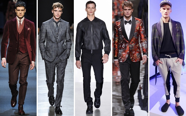 Above: Fall 2013 men's trends include: claret, head-to-toe grey, baseball jackets, pyjama-style patterns and the new sweatpant