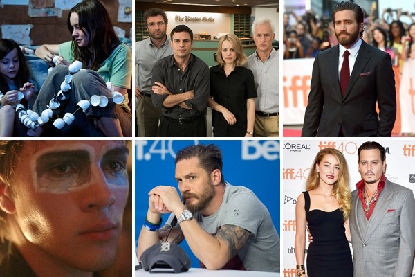 Above top (L-R): Jacob Tremblay and Brie Larson in 'Room', the cast of 'Spotlight', Jake Gyllenhaal walks the red carpet for the world premiere of 'Demolition' / Above bottom (L-R): Connor Jessup in 'Closet Monster', Tom Hardy dismisses questions about his sexuality during a TIFF press conference, and Amber Heard and Johnny Depp walk the red carpet for the premiere of 'Black Mass'