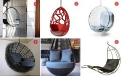 Above: 1) Swing Chair a Deux by Erin Martin  2) Objets Nomades from Louis Vuitton  3) Bubble Chair by Eero Aarnio  4) Sea Urchin from OOMS  5) Round Metal Swing by Artemano  6) Hanging Leaf Chair by Rupert Oliver