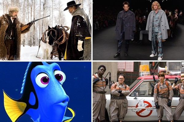 Above (clockwise): The Hateful Eight, Zoolander 2, Ghostbusters and Finding Dory all make the list of movies we're excited to see