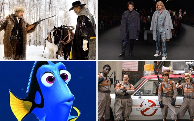 Above (clockwise): The Hateful Eight, Zoolander 2, Ghostbusters and Finding Dory all make the list of movies we're excited to see