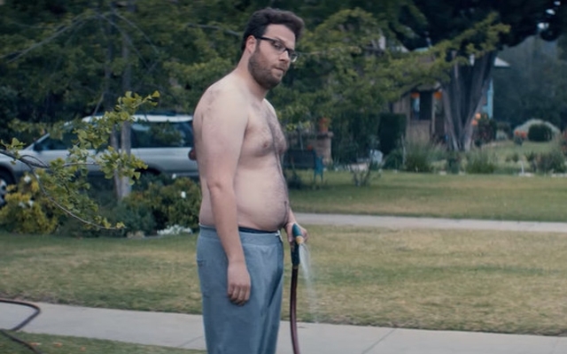 Above: Seth Rogen shows off his dadbod in 'Neighbors'