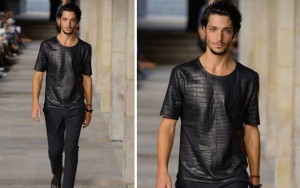Above: A model walks the runway wearing an Hermes crocodile shirt -- part of the label's spring/summer 2013 collection