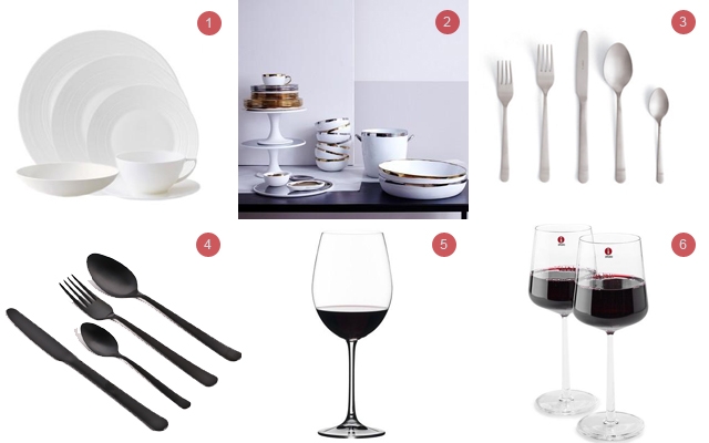 Above: 1) Jasper Conran Strata for Wedgewood 2) Dauville Collection from Canvas Home 3) Almoco flatware from DWR, $27 per setting 4) Herdmar Olso in matte black, $58 per setting 5) Riedel Vivant Bordeaux is a classic 6) iittala offers a modern take on wine glasses