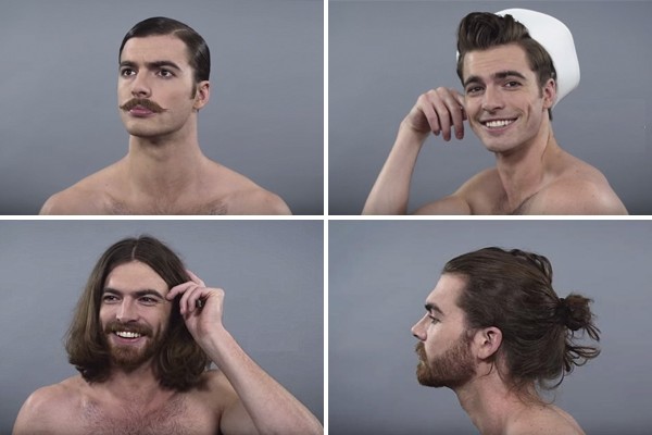 Above (clockwise): Men's grooming trends from 1910s, 1940s, 2010s and 1970s