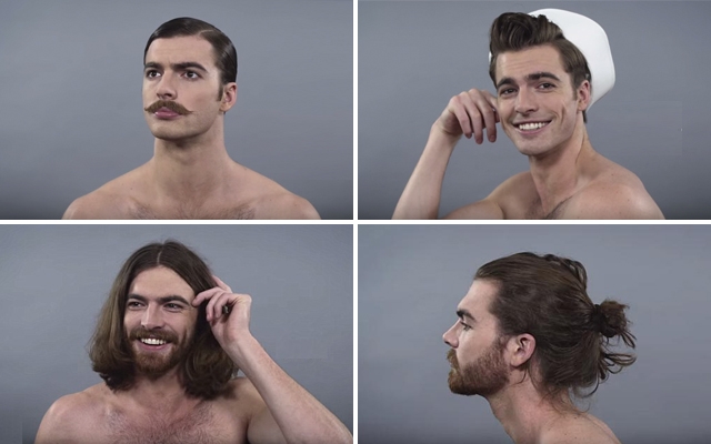 Above (clockwise): Men's grooming trends from 1910s, 1940s, 2010s and 1970s