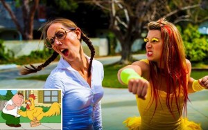 Watch a live-action paroday of Family Guy's epic chicken fight