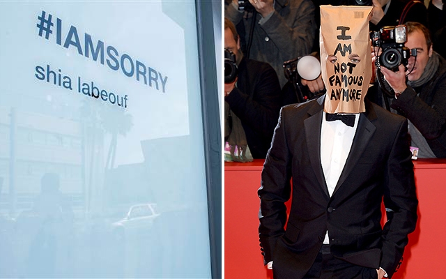Above: At his #IAMSORRY art exhibit in L.A., Shia LaBeouf invited visitors to sit with him while he wore his "I Am Not Famous Anymore" paper bag over his head