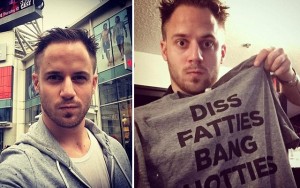 Above L-R: Julien Blanc in front of the Toronto Eaton Centre on a previous visit / Julien Blanch shows off his 'Diss Fatties Bang Hotties' T-shirt on Twitter