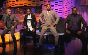 L-R: Graham Norton, Jaden Smith, Will Smith and Alfonso Ribiero perform on The Graham Norton Show (Photo: YouTube/BBC One)