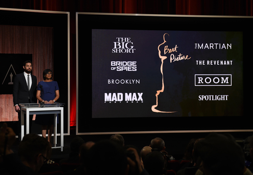 Above: Actor John Krasinski and Academy of Motion Picture Arts and Sciences President Cheryl Boone Isaacs announce the Oscar nominees for Best Picture