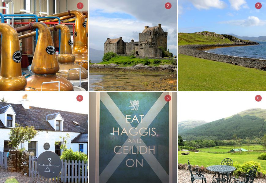 Above: 1) Copper Stills at Glenfiddich Distillery 2) Eilean Donan Castle 3) Isle of Skye 4) The Three Chimneys 5) Eat Haggis 6) View from Monachyle Mohr Terrace