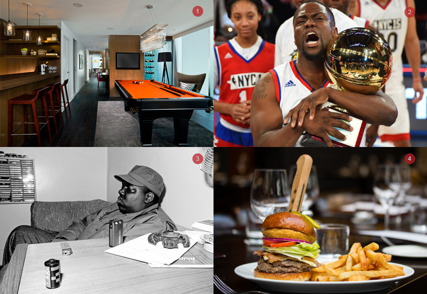 Above: 1.Thompson Penthouse 2. Kevin Hart coaches team USA for the Celebrity Game 3. Notorious BIG photo by Chi Modu 4. The Sir Charles Burger from Jump
