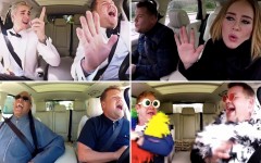 Above (clockwise): James Corden does carpool karaoke with Justin Bieber, Adele, Sir Elton John and Stevie Wonder