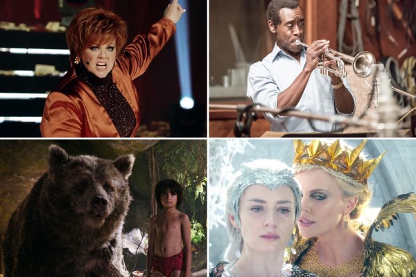 Above (Clockwise): Melissa McCarthy in The Boss, Don Cheadle in Miles Ahead, Emily Blunt and Charlize Theron in The Huntsman: Winter’s War and Neel Sethi in The Jungle Book
