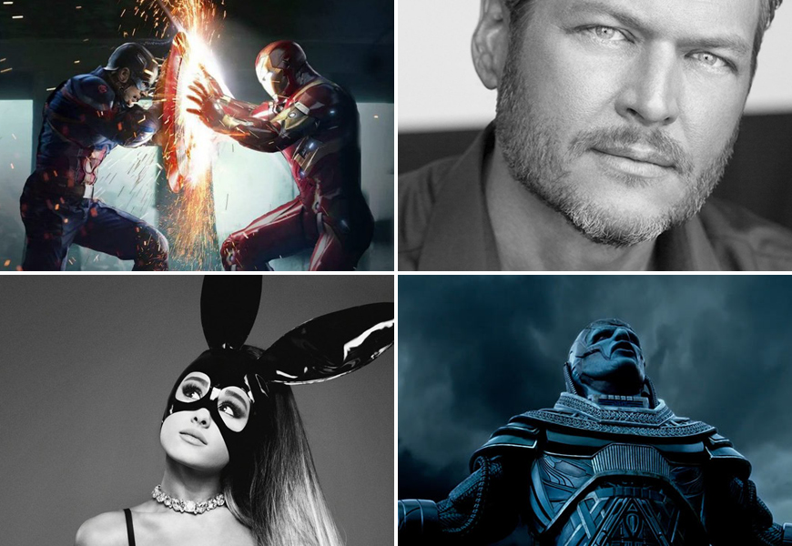 Above (Clockwise): ‘Captain America: Civil War,’ Blake Shelton, ‘X-Men: Apocalypse’ and Ariana Grande