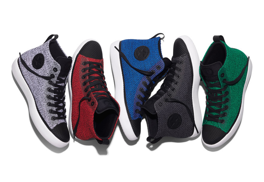 Above: The Converse All Star Modern sneaker collection in white, action red, soar blue, black and lucid green