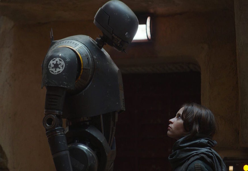 Above: Felicity Jones faces off with a seemingly hostile robot