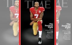Above: NFL quarterback Colin Kaepernick is protesting police killings by kneeling during the national anthem