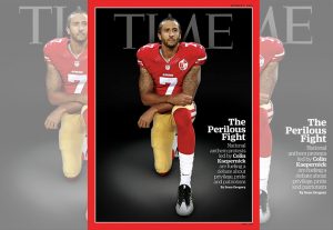 Above: NFL quarterback Colin Kaepernick is protesting police killings by kneeling during the national anthem