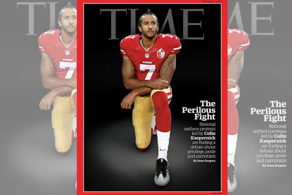 Above: NFL quarterback Colin Kaepernick is protesting police killings by kneeling during the national anthem