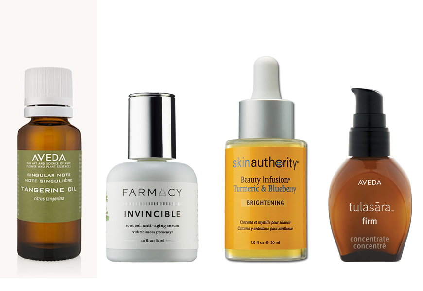 Above: Aveda's Singular Note Lavender Fleurs Oil, Farmacy's Invincible Root Cell Anti-Aging Serum, Skinauthority's Beauty InfusionTurmeric & Blueberry Brightening Serum, and Aveda's Tulasara Firm Concentrate