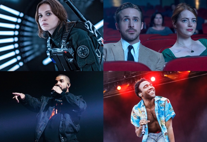 Above: 'Rogue One', 'La La Land', Drake, and Childish Gambino, are headed your way this month
