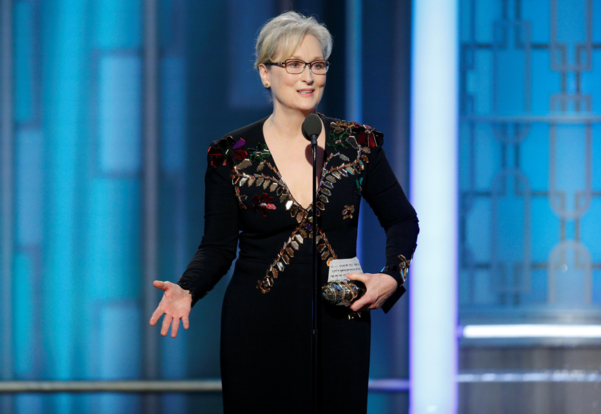Above: Meryl Streep accepting the Cecil B. DeMille Award at the 74th annual Golden Globes