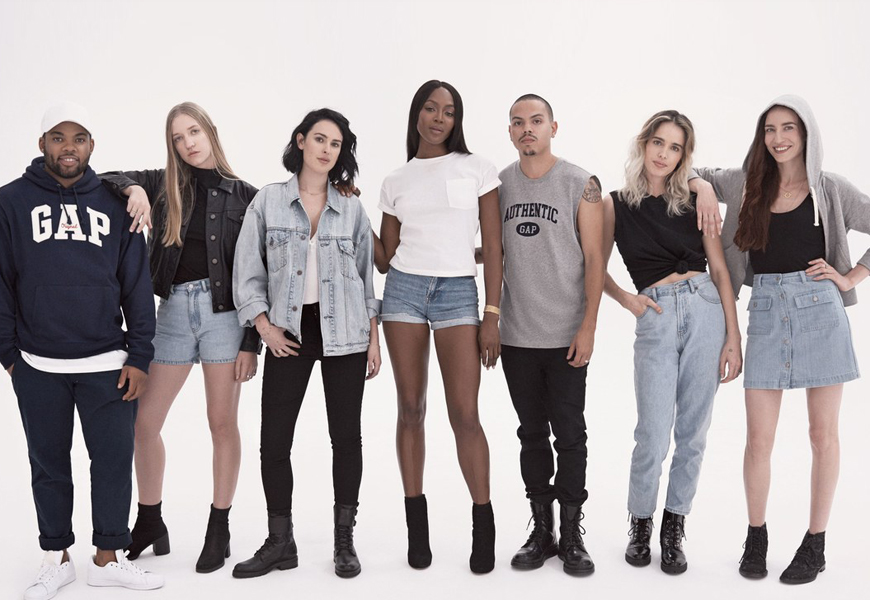 Above: Gap pays homage to the past with (L-R): TJ Mizell, Coco Gordon, Rumer Willis, Naomi Campbell, Evan Ross, Chelsea Tyler and Lizzy Jagger